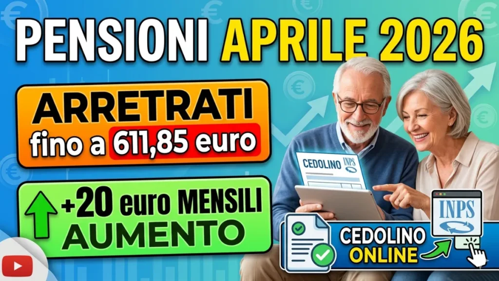 Visibile Cedolino Pensioni Aprile 2026: Arretrati – fino a 611,85 euro e 20 euro mensile